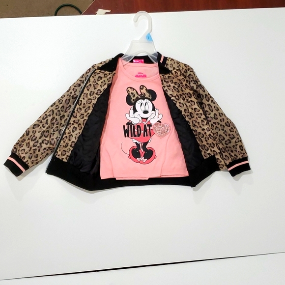 Girls Disney Junior MINNIE Mouse Leopard Print Jacket & Pink Tee Shirt Set - Picture 7 of 12